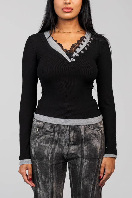 A.Y Ribbed Button-Up Layered Top - Black