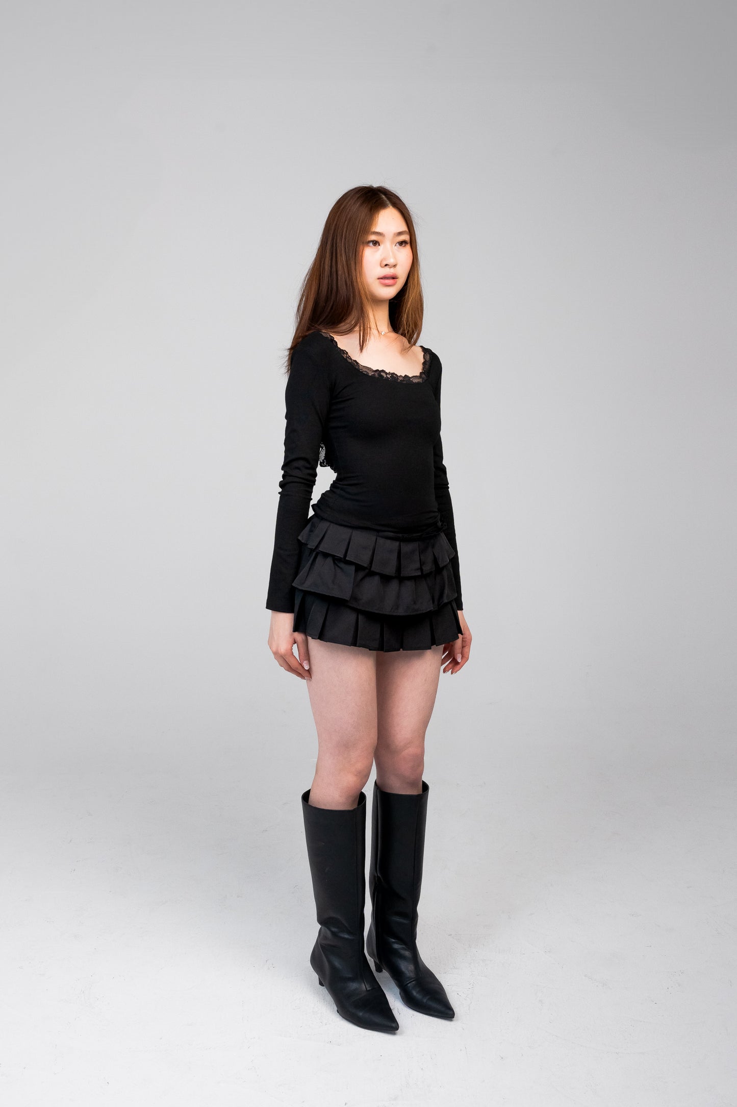 CXI Studio Layered Pleated Mini Skirt (with belt) – Black