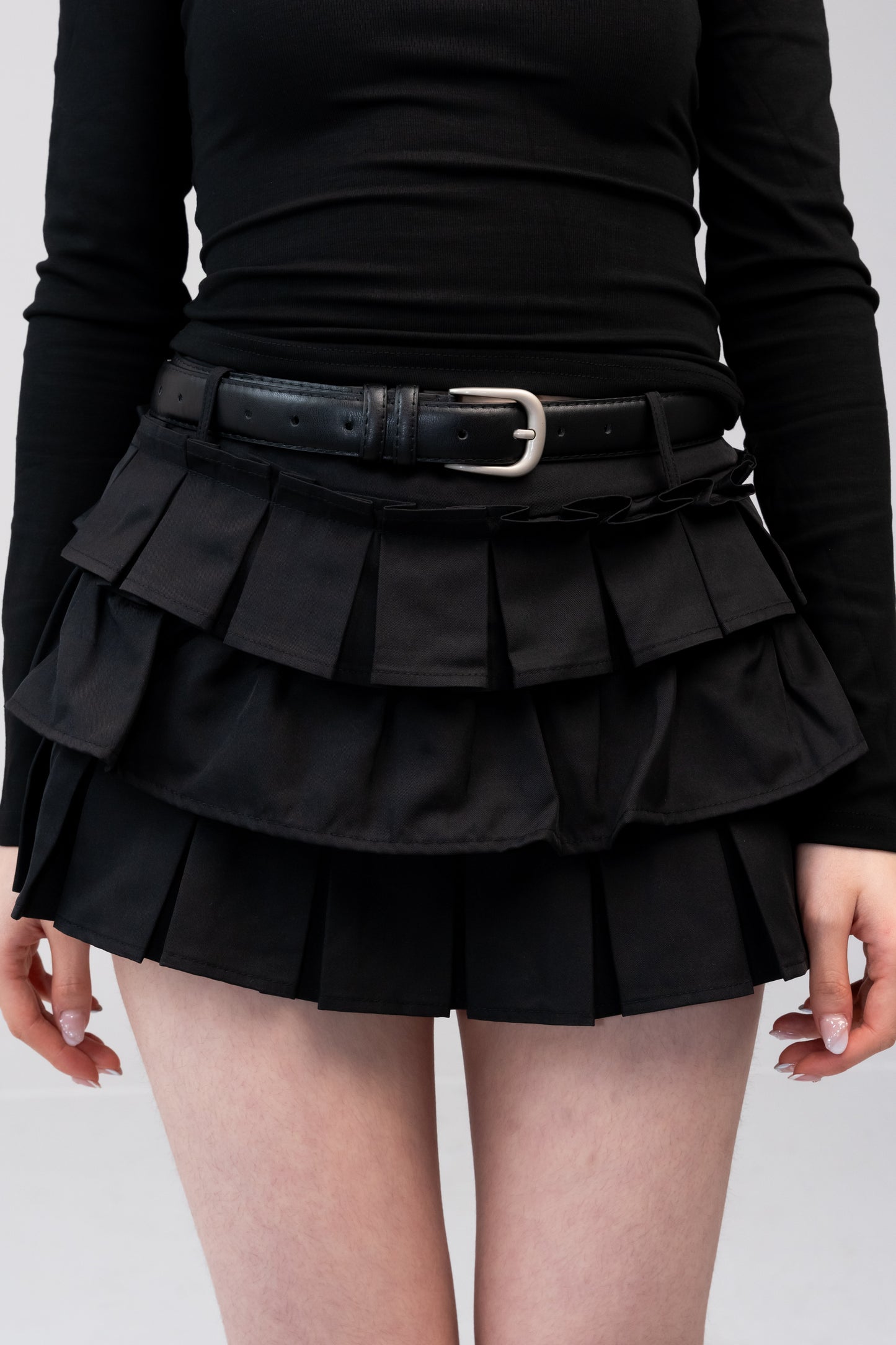 CXI Studio Layered Pleated Mini Skirt (with belt) – Black