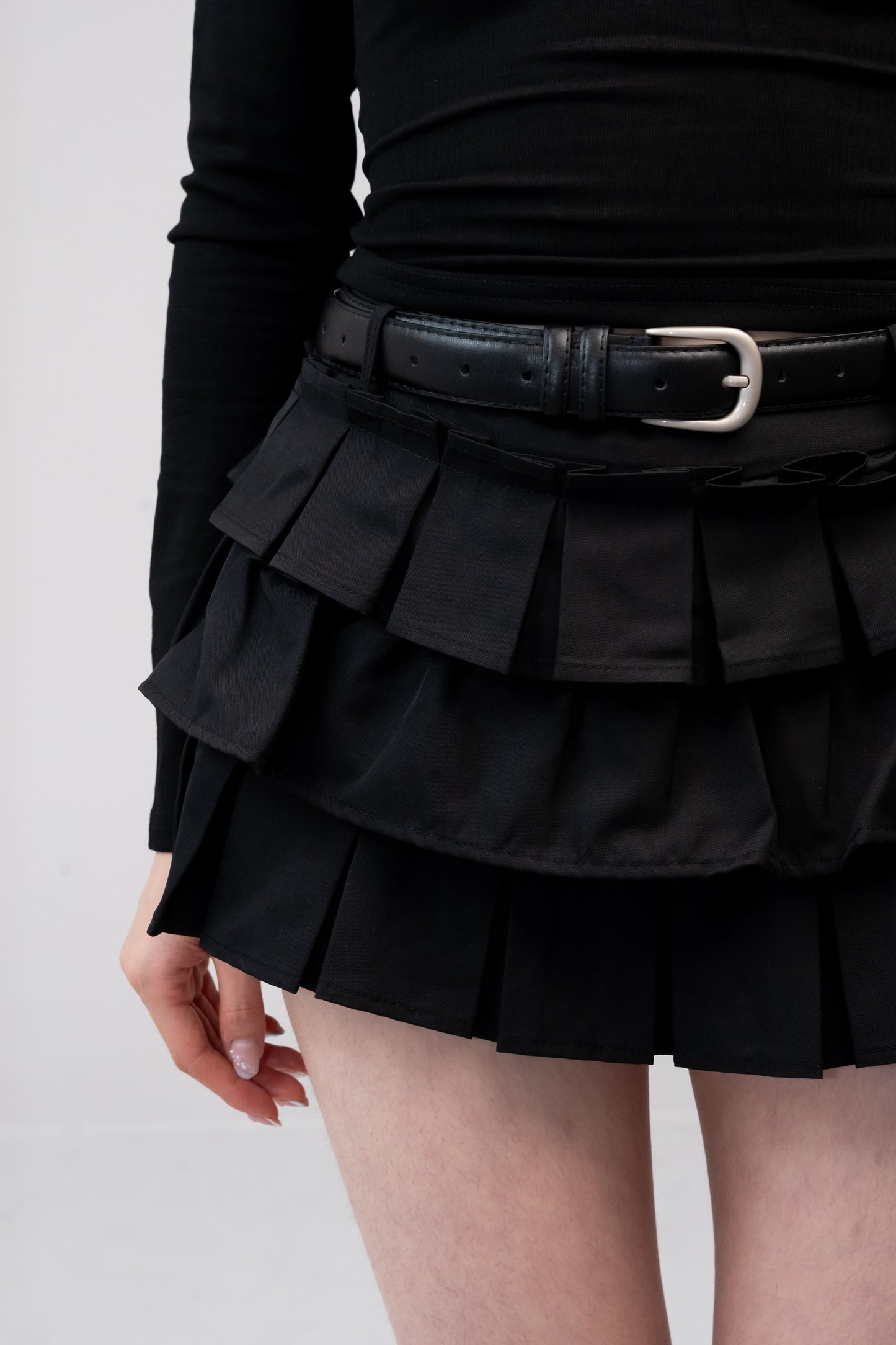 CXI Studio Layered Pleated Mini Skirt (with belt) – Black