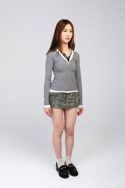 A.Y Ribbed Button-Up Layered Top - Gray